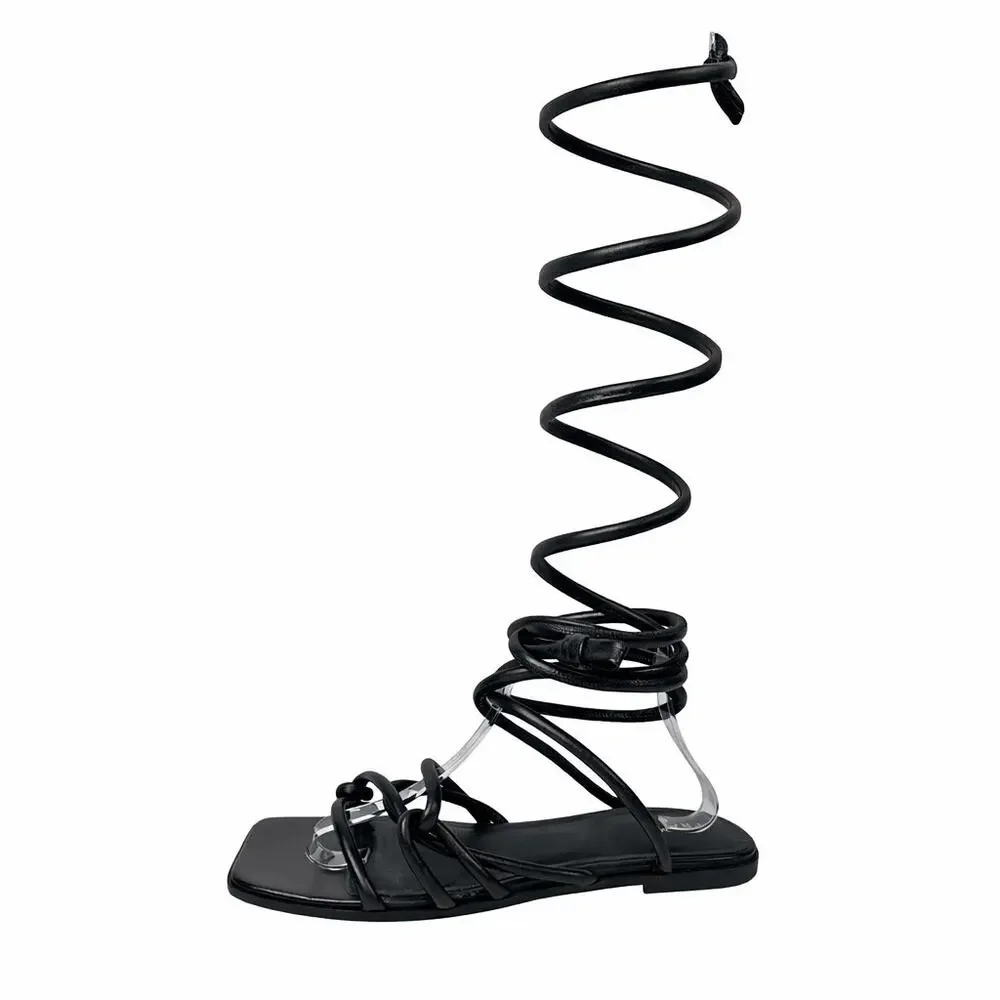 Frame Le Remi Women's Black Leather Straps Lace Up Square Toe Flats Sandals 39.5